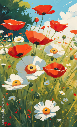 Bright red and white poppy flowers in a poppy field. Summer landscape