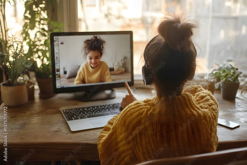Woman participating in a video call while working from home Woman participating in a video call while working from home