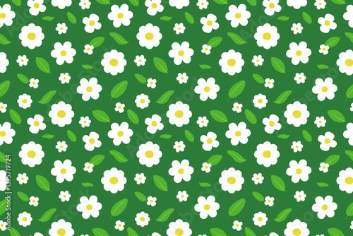 Spring seamless pattern flowers chamomile, leaves. Flat vector illustration on green background for wrapping paper, packages, cards, fabric