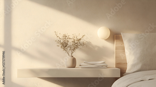 Calming bedroom scene with warm light, subtle decor, and inviting textures for a peaceful ambiance.