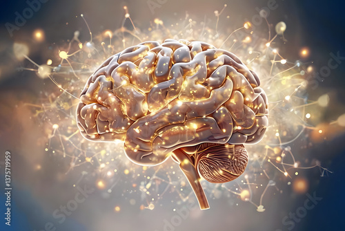 Golden glowing brain in outer space. The power of the human Mind in the Universe. Emotional and spiritual energy