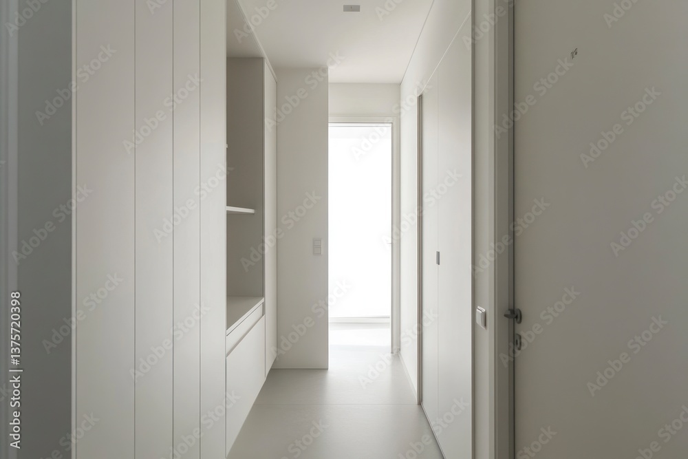 Walking Through Modern White Hallway with Doors and Storage Cabinets Walking Through Modern White Hallway with Doors and Storage Cabinets