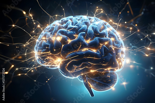 A visual representation of an AI neural network, depicting a brain-like structure with vibrant lights. Emotional and spiritual energy