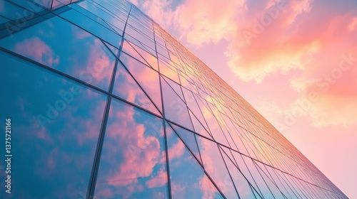 A mirror-glass building reflecting a sky filled with pink clouds