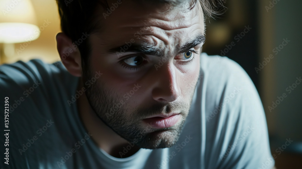 Man with a furrowed brow, indoor setting, looking worried and introspective. Intimate portrait of raw emotion in a dimly lit room. Man with a furrowed brow, indoor setting, looking worried and introspective. Intimate portrait of raw emotion in a dimly lit room.