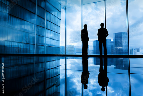Silhouette of a business executive looking out a panoramic window at a vibrant, futuristic cityscape, contemplating success and future vision.