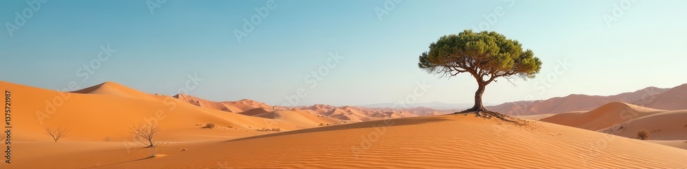 A single tree growing in the middle of a vast desert , arid, landscape