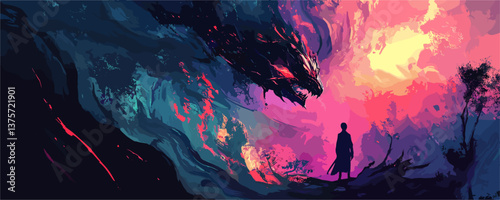 Silhouetted figure facing enormous dragon in vibrant swirling colors - vector.