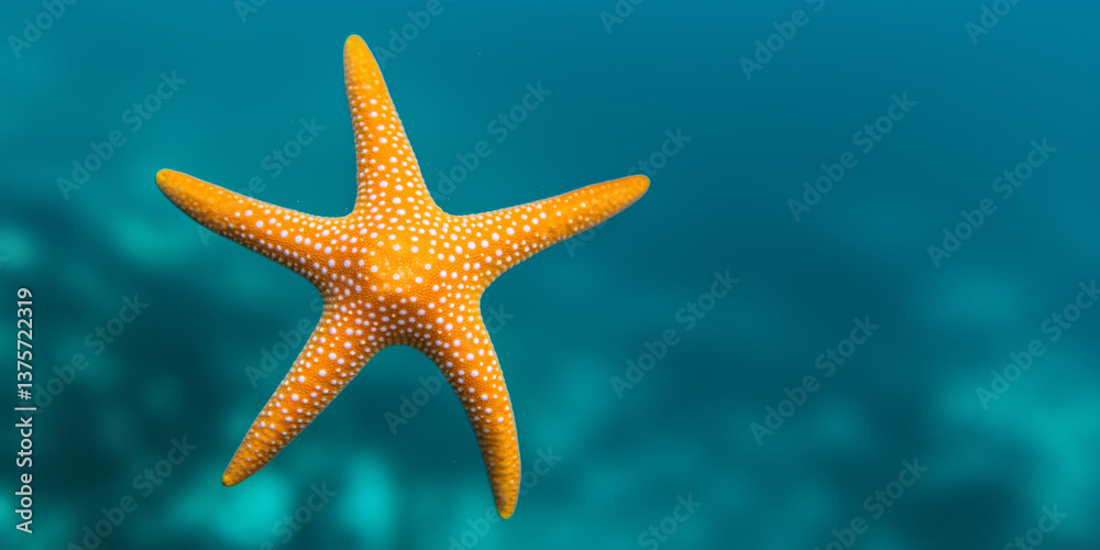 Colorful starfish with white spots seen swimming in clear tropical ocean water, representing marine life and underwater biodiversity
