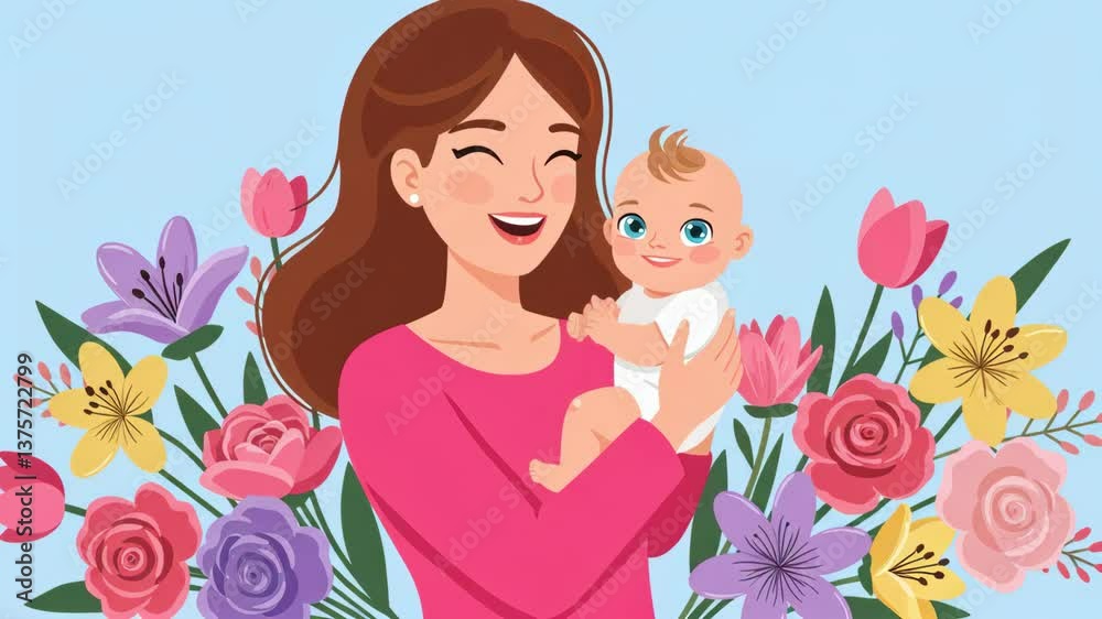 Joyful mother and baby surrounded by colorful blooms in a cheerful spring setting Joyful mother and baby surrounded by colorful blooms in a cheerful spring setting