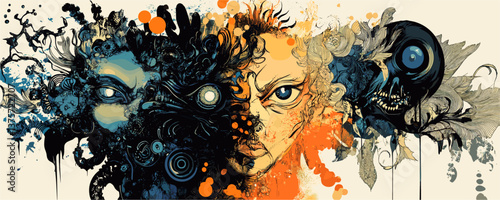 Surreal fantasy faces with abstract patterns and mystical elements - vector.