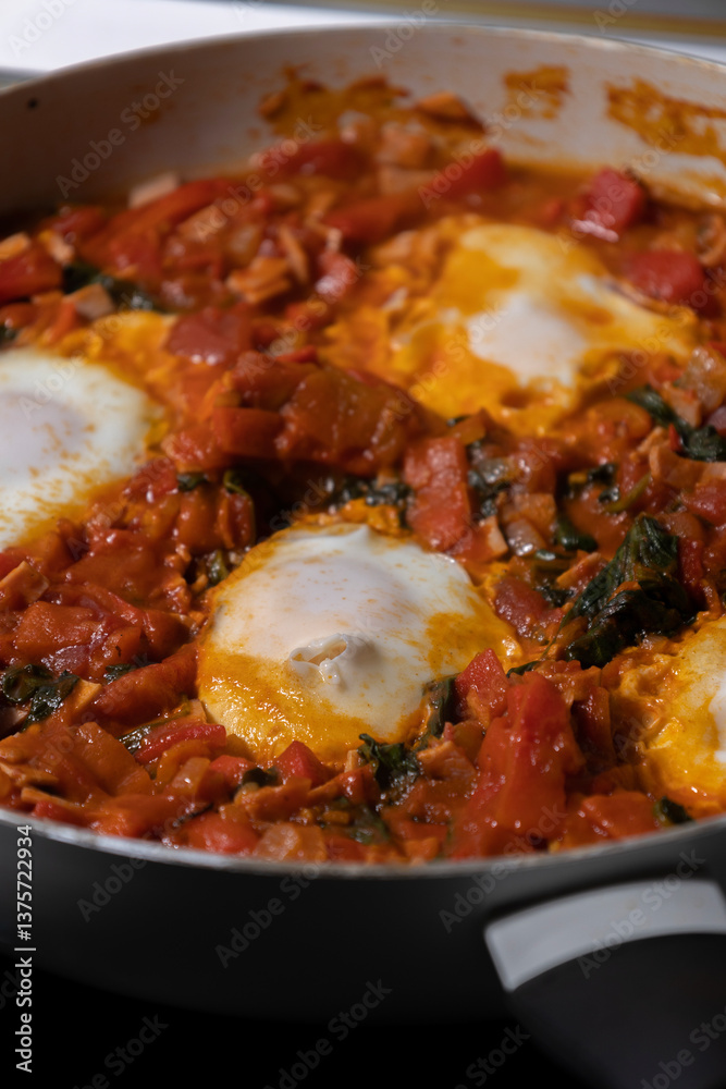 close-up of freshly cooked shakshuka, a flavorful dish with poached eggs in a rich tomato sauce, served in a pan. perfect for a hearty and delicious breakfast. close-up of freshly cooked shakshuka, a flavorful dish with poached eggs in a rich tomato sauce, served in a pan. perfect for a hearty and delicious breakfast.