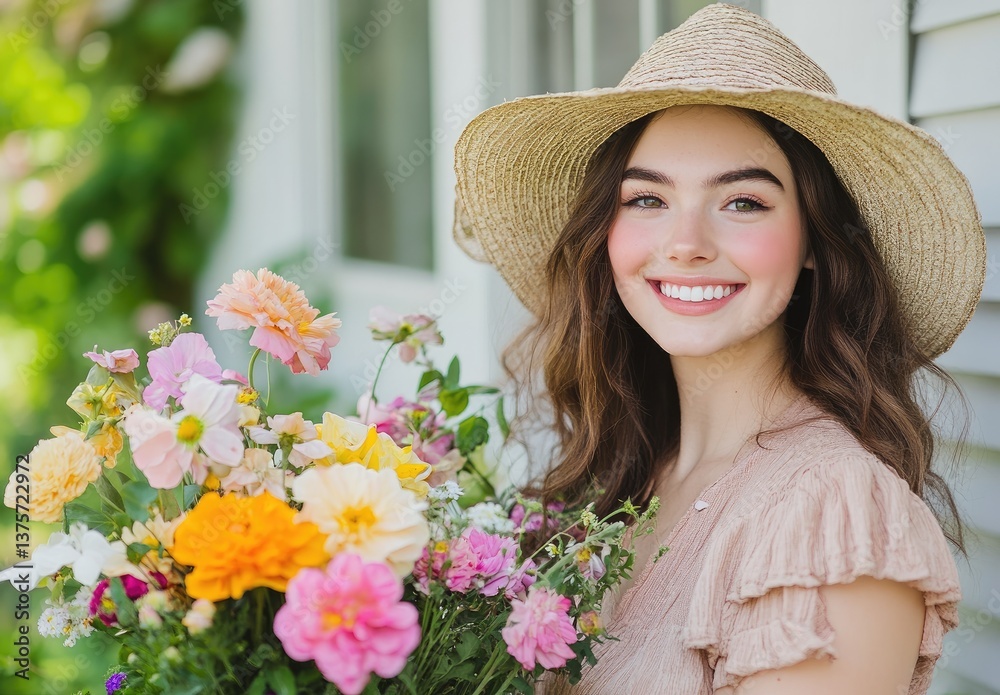 A young woman in her thirties, wearing a straw hat and green , smiles while holding colorful flowers in the front yard of an American home garden with lush plants