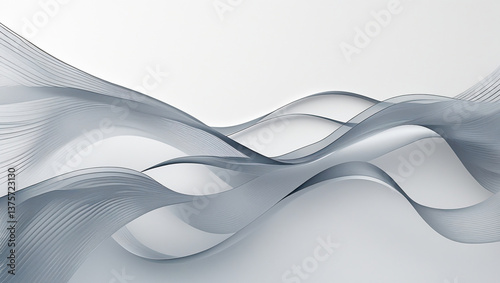 Abstract design featuring overlapping, flowing, translucent gray lines creating a wave-like pattern