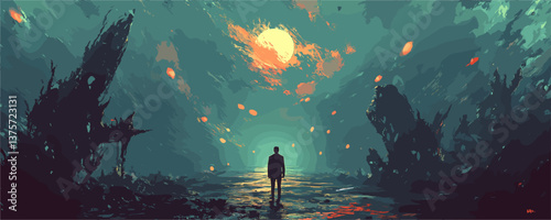 Surreal landscape with silhouetted figure under glowing sun – vector.