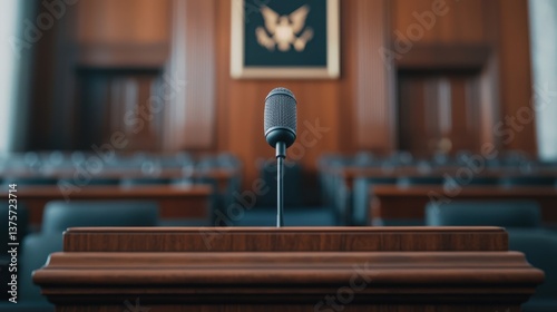 Microphone on Podium in Congressional Chamber with Wooden Walls and Elegant Design of Legislative Setting