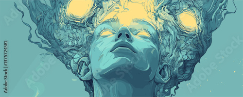 Surreal blue-toned portrait of woman with glowing hair and starry elements - vector.