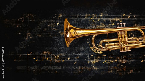 Golden trumpet shines against a black backdrop, adorned with scattered musical notes. A striking, detailed composition