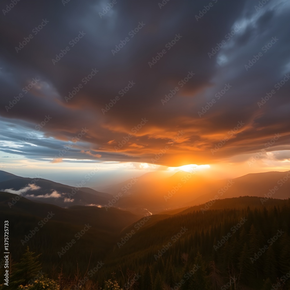 Obraz premium dawn, clouds, valley, dusk, tree, misty, horizon, travel, foggy, light