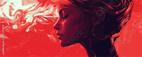 Abstract surreal profile of a woman in red and white fluid art vector.