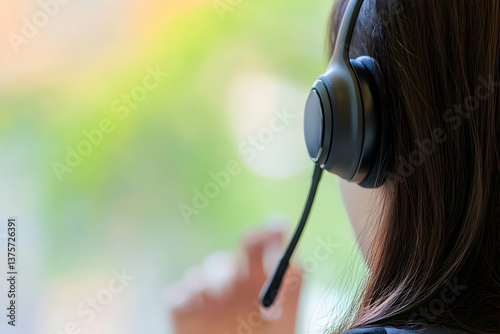 Close-up rear view of a woman wearing a headset in front of a bright window. Concept of customer service, call center, helpline, and technical support.
