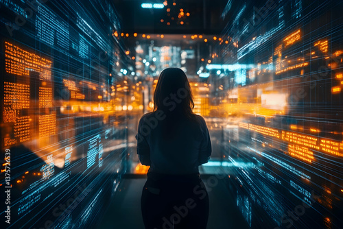 Silhouette of woman in a room of floating blue-orange data streams, representing analytics, AI, innovation, and future technology interfaces.
