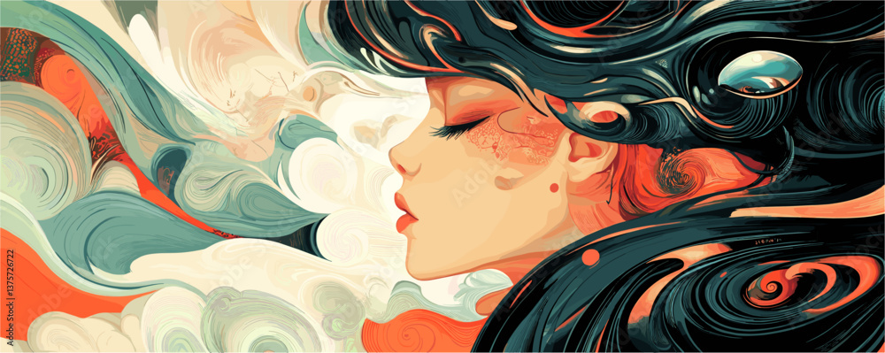 Obraz premium Surreal dreamlike profile of woman with flowing hair in abstract style - vector.