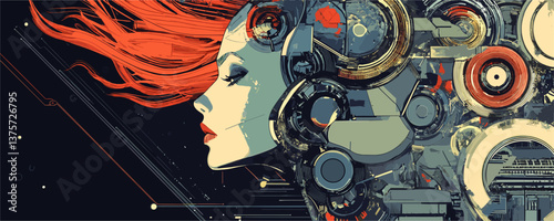 Futuristic cyberpunk woman with red hair and mechanical elements - vector.