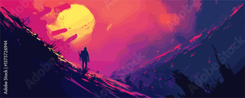 Silhouette hiker at sunset in abstract mountain landscape vector.