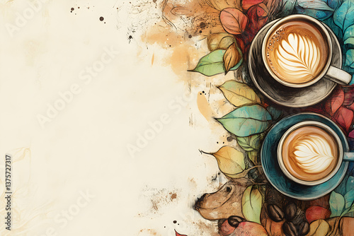 Two steaming cups of coffee surrounded by watercolor-style foliage, representing warmth, creativity, and comfort.