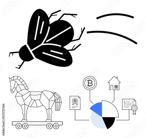 Fly signifies intrusion, Trojan Horse suggests hidden threats, and data chart represents finance and cryptocurrency risks. Ideal for cybersecurity, data risk, finance, scams, hacking, technology