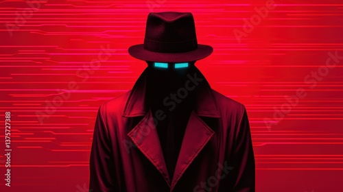 Mysterious silhouette of figure in hat with glowing eyes, against vibrant red abstract background