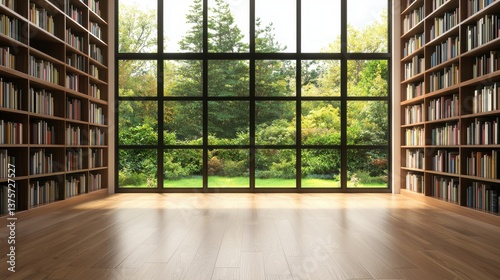 Cozy Library Interior with Large Window Overlooking Lush Green Garden and Wooden Floor