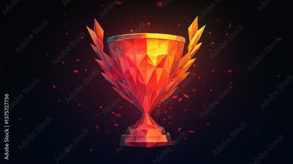 Vibrant Geometric Trophy with Wings and Shimmering Particles on Dark Background Vibrant Geometric Trophy with Wings and Shimmering Particles on Dark Background