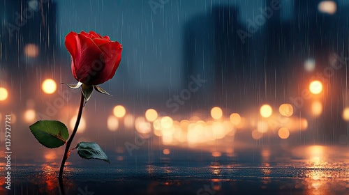 Solitary Rose in Rainy Cityscape