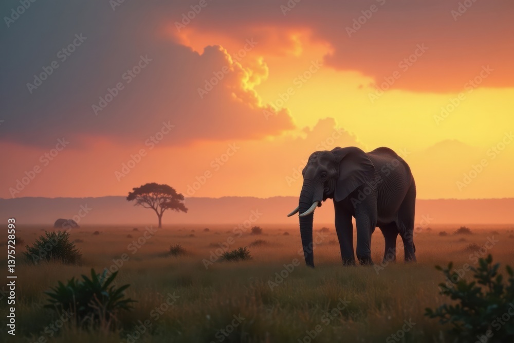 Fototapeta premium Elephant stands alone in the misty savannah at dawn, wildlife, nature