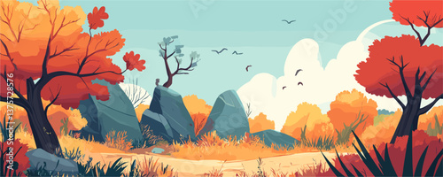 Autumn landscape with colorful trees and rocks under a cloudy sky - vector.