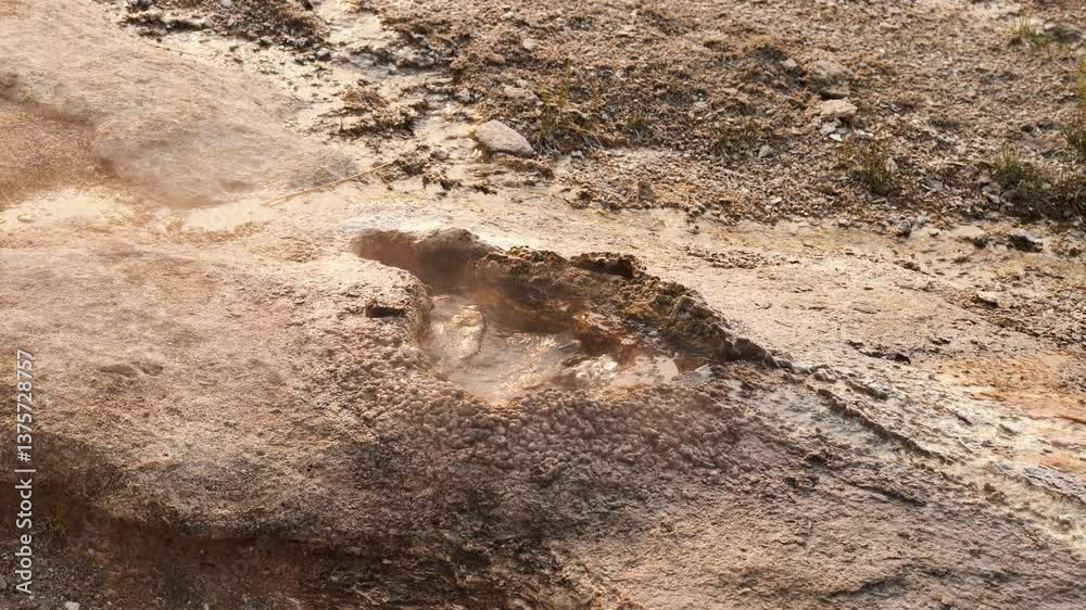 Bubbling hot spring in Yellowstone, surrounded by colorful mineral deposits and steam, geothermal power, detailed medium closeup Bubbling hot spring in Yellowstone, surrounded by colorful mineral deposits and steam, geothermal power, detailed medium closeup