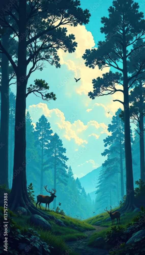Fototapeta premium Forest landscape featuring silhouetted trees against a bright blue sky with greenery and wild animals, sky, greenery