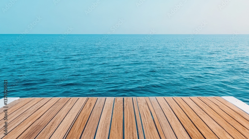 Fototapeta premium Serene Wooden Pier Overlooking Calm Blue Ocean Under Clear Sky for Tranquil Seaside Getaway Experience