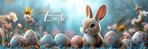 Happy Easter Banner with Adorable Bunny and Colorful Eggs in Field of Flowers.