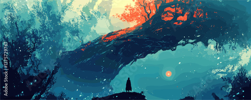 Enigmatic forest with lone figure under glowing tree and moonlit sky - vector.
