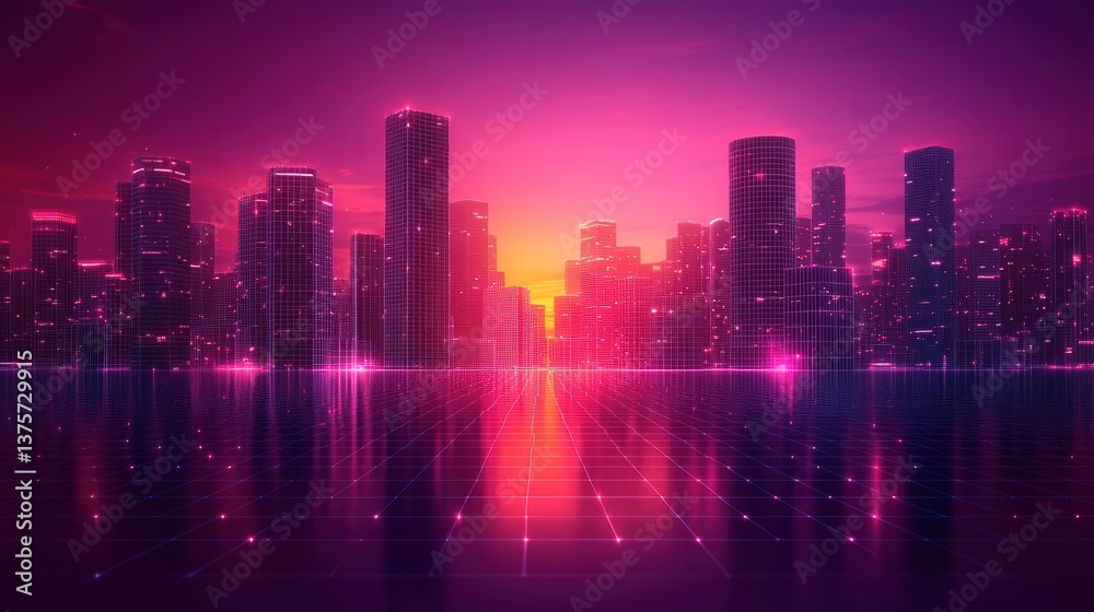 Neon cityscape reflected in water
