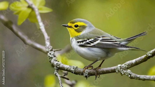 Black-Throated Green Warbler on Tree Branch in Nature. Bird with Grey, Green, White and Yellow Feathers Perched Outdoors photo