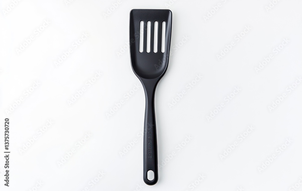 Close-up of Black Slotted Turner Spatula on White Background for Cooking Close-up of Black Slotted Turner Spatula on White Background for Cooking