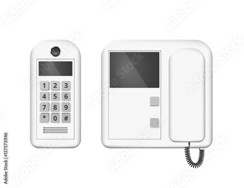 Modern white intercom system with keypad, screen and handset showing communication technology