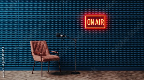 Cozy studio corner with stylish chair and neon 'On Air' sign against vibrant textured blue wall