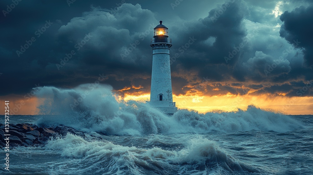 Majestic lighthouse standing tall against turbulent waves and a dramatic stormy sky at sunset Majestic lighthouse standing tall against turbulent waves and a dramatic stormy sky at sunset
