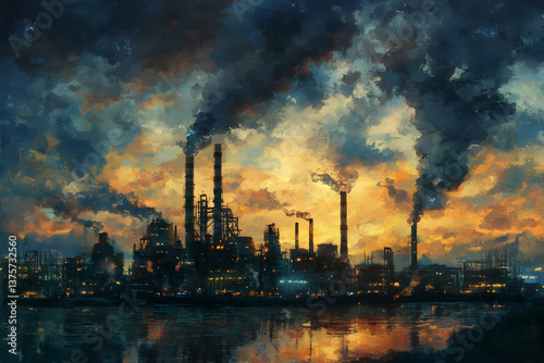 Painterly cityscape of factories at dusk with smoke plumes, reflecting in water; atmospheric take on industry and environmental impact.