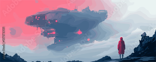 Futuristic alien landscape with spaceship and lone figure in red cloak - vector.